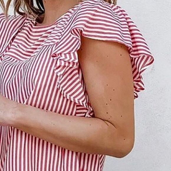 Loft Women's Red Striped Flutter Sleeve Rayon Blouse - Picture 5 of 16